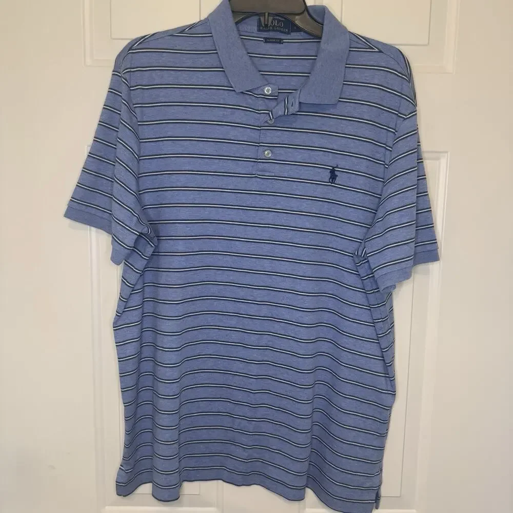Polo Ralph Lauren Classic Fit Short Sleeve Shirt Blue White Stripes Men’s Large - Picture 1 of 8